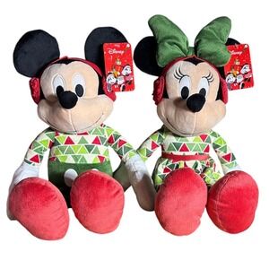 Disney Mickey Mouse Minnie Mouse Christmas Plush Dolls Set Holiday Festive NEW
